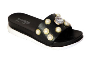 Remson India Women's Fashion Pearl Zircon Office Wear Black Flat Slippers 