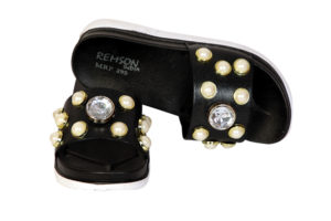 Remson India Women's Fashion Pearl Zircon Office Wear Black Flat Slippers 